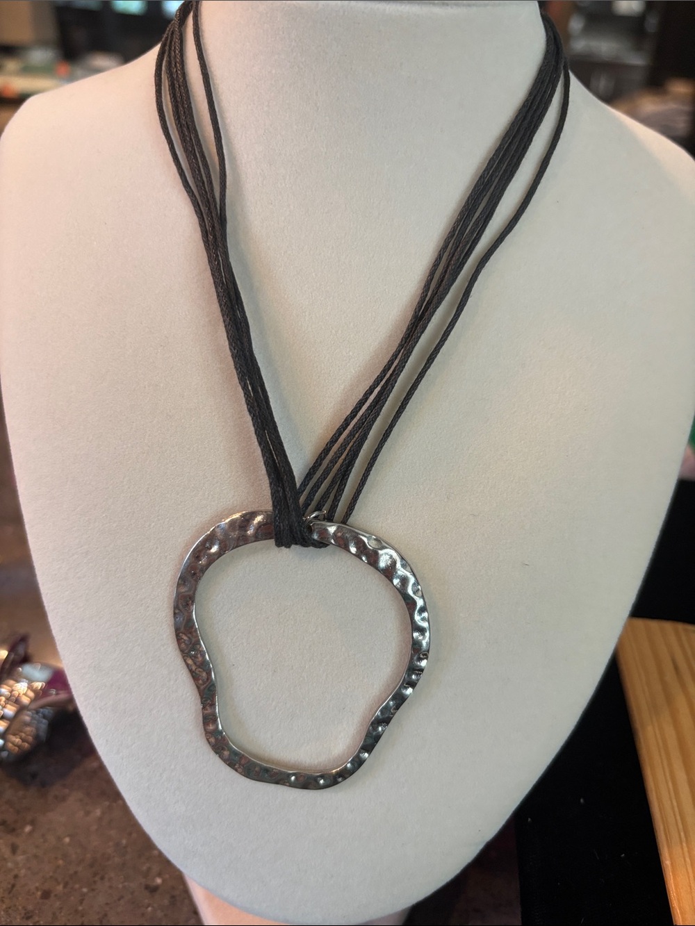 Lia Sophia Hammered Silver Open Circle Pendant Necklace - Black Cord